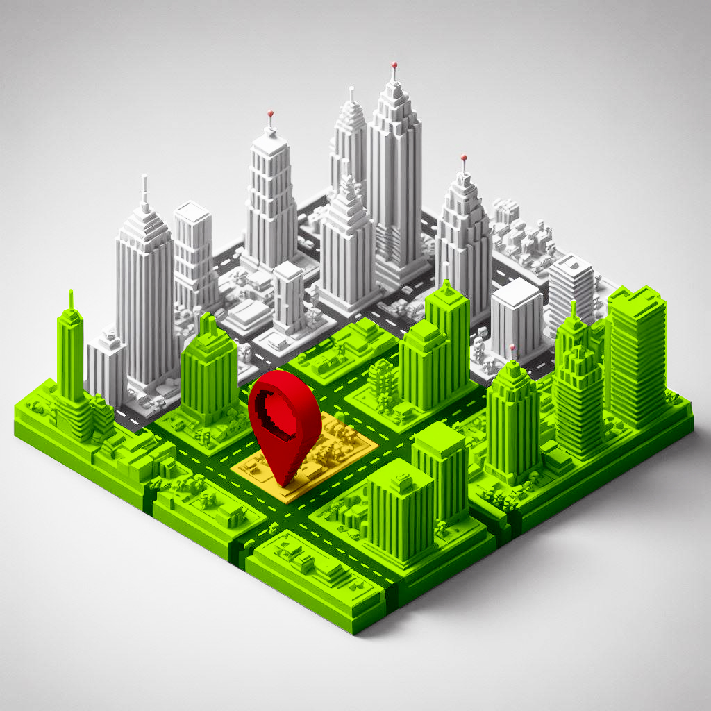 Voxel 3D Render of a map with a pin